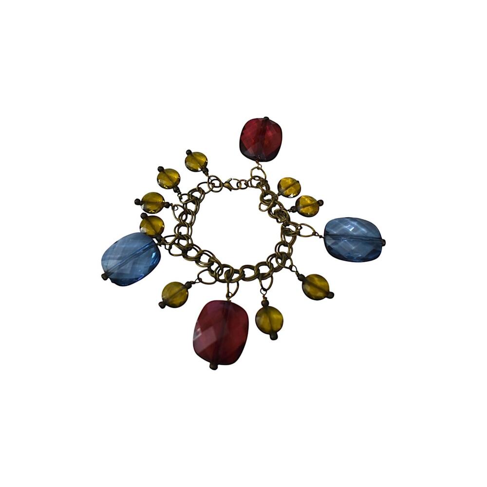 Vintage 80s Blue Red Gold Faceted Lucite Charm Brass Chain Link Bracelet